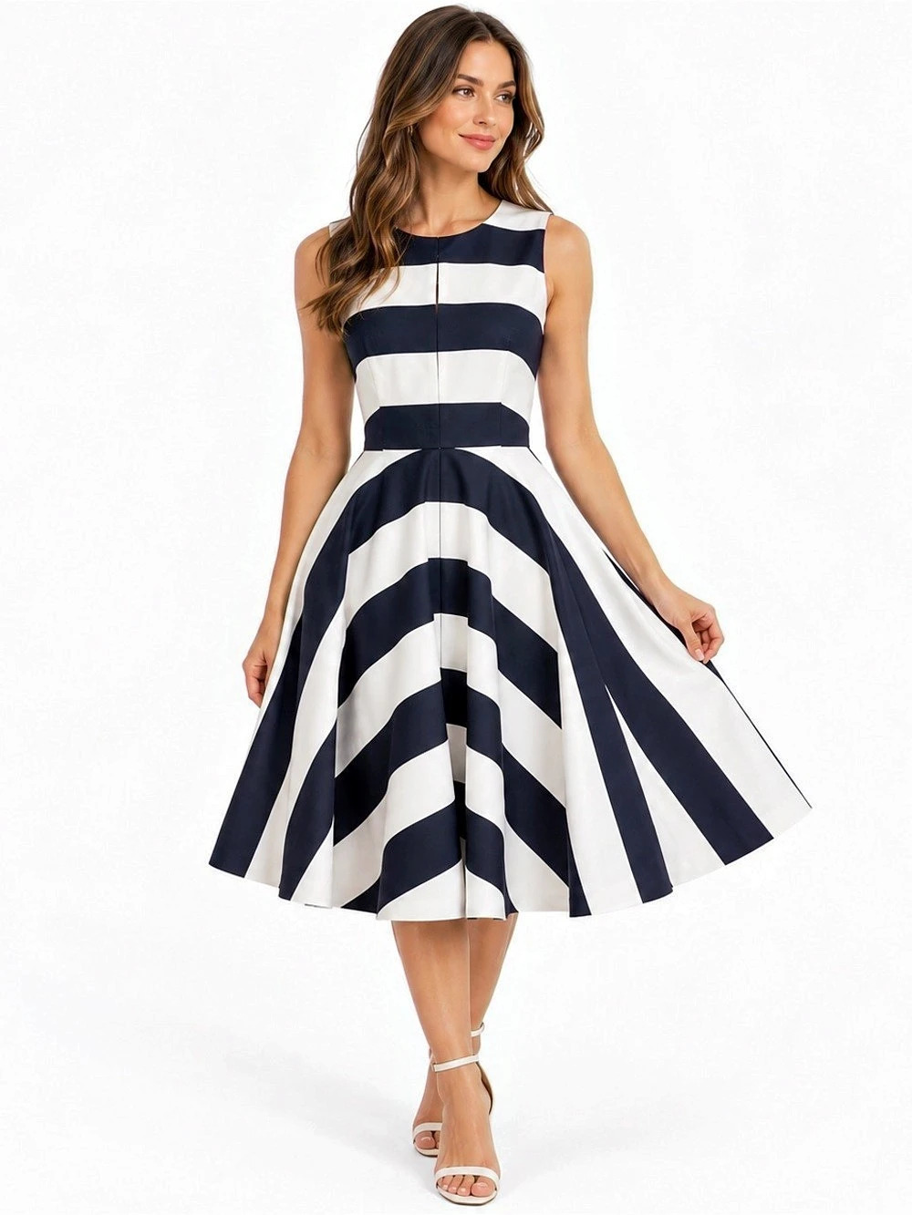 Badgley Mischka Striped Midi Dress in Blue & White Size 6 Like New